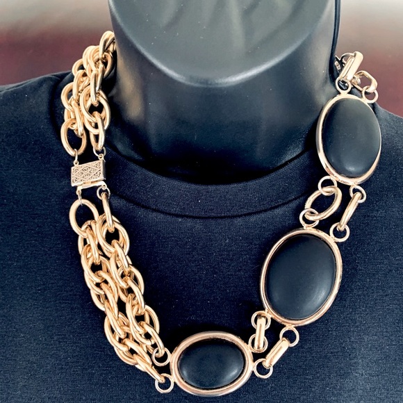 Choker style necklace gold tone metal chain & large black domed beadings - Picture 2 of 3